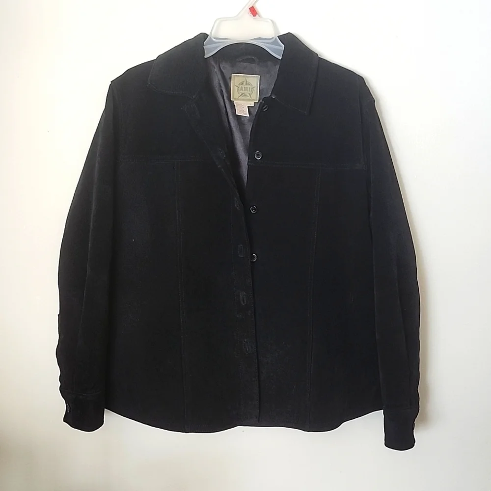 Vintage AMI black genuine leather button up jacket, satin lined, women's large